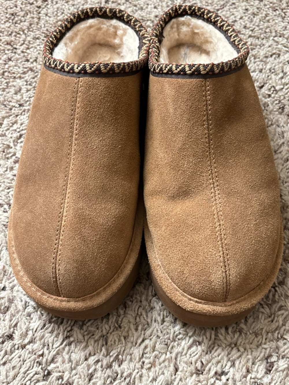 BearPaw Tan Suede Shearling-Lined Clog Mules